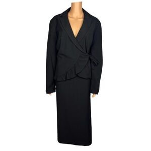 Larry Levine Polyester Rayon Spandex Skirt Suit Black Ruffle Belted 2PC